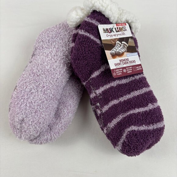 3 Pair Muk Luks Cabin Socks Purple Red Plaid Women's - Picture 2 of 3